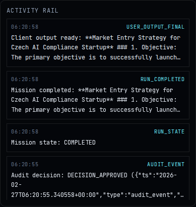 Runtime V3 mission rail with audit evidence and decision events